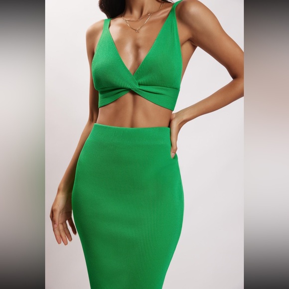 Meshki Other - Meshki Green Ribbed Twist Crop Top & Skirt Set